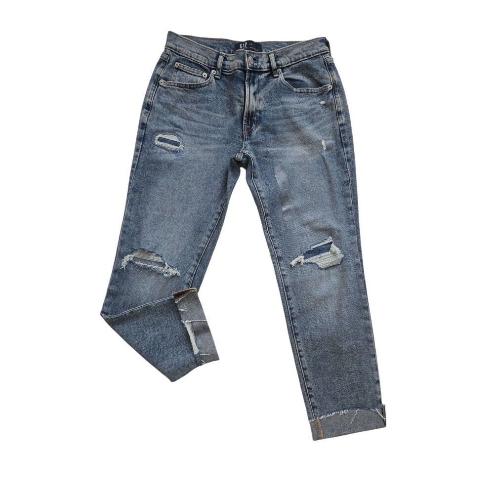 Gap Denim Girlfriend Jeans Womens Size 2 26 Distressed Raw Hem Acid Wash Womens